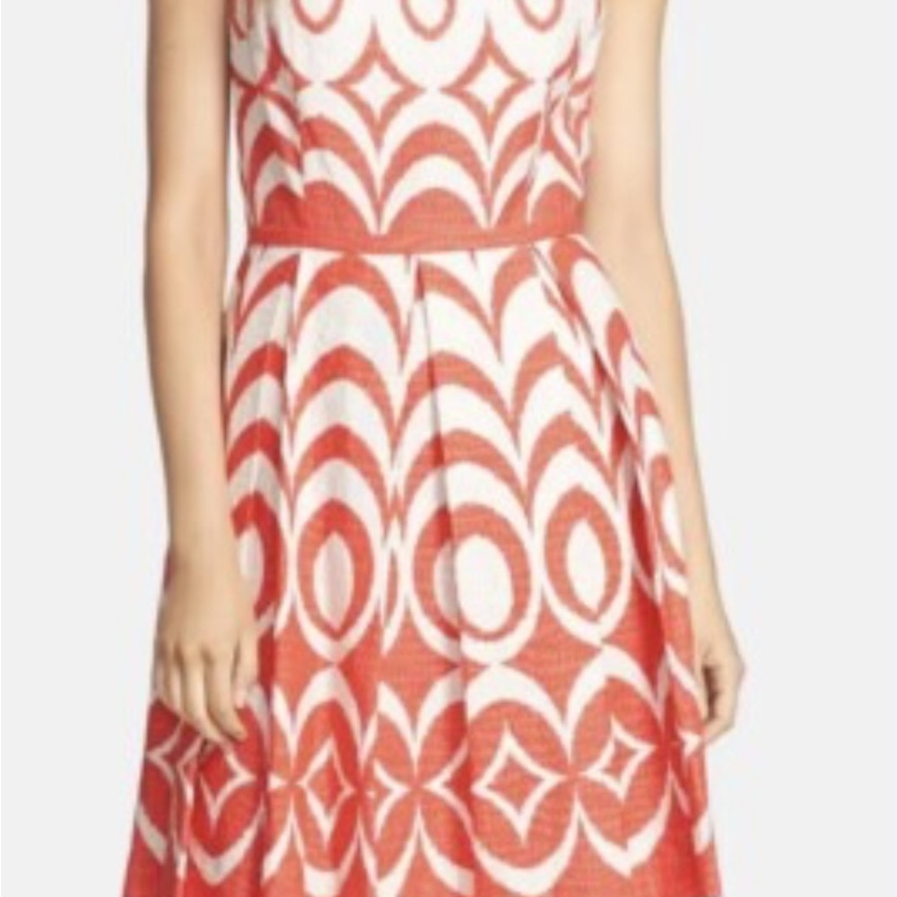 Taylor Orange and Cream A-Line Pleated Fit & Flare Midi Dress